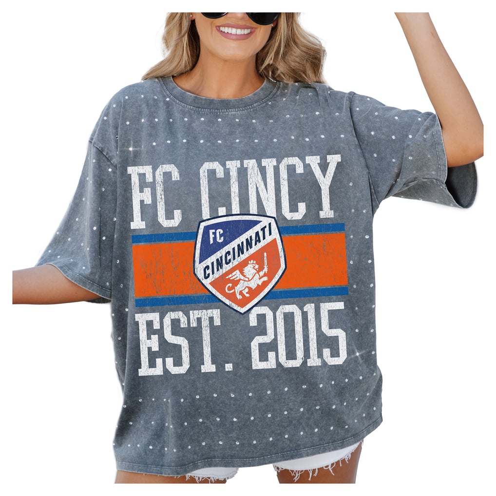  FC Cincinnati Gameday Couture Women's Oversized Mini Rhinestone Classic T-Shirt - Gray